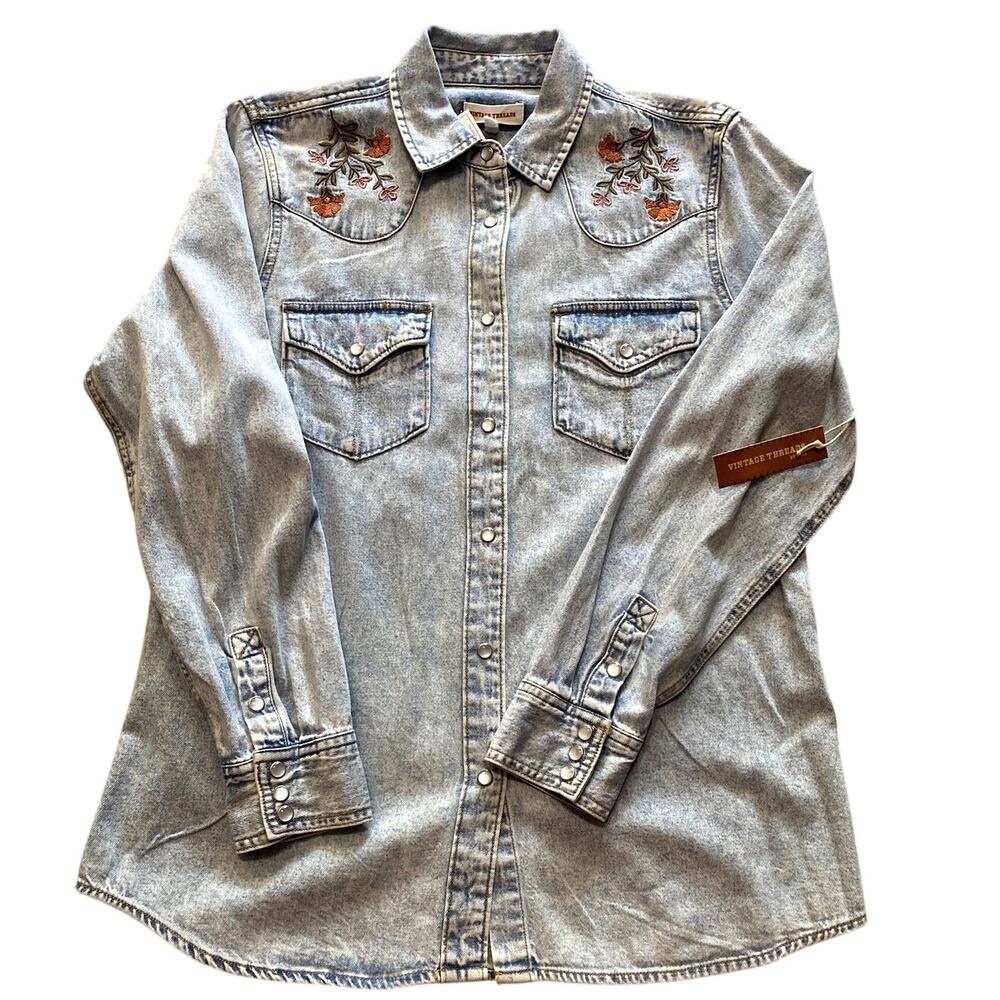 Vintage Threads by Como Embroidered Denim Western Shirt Pearl Snap Small NWT